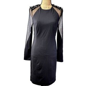 CARLISLE Embellished Beaded Cocktail Party Sheath Black Dress Mesh Sleeve SZ S